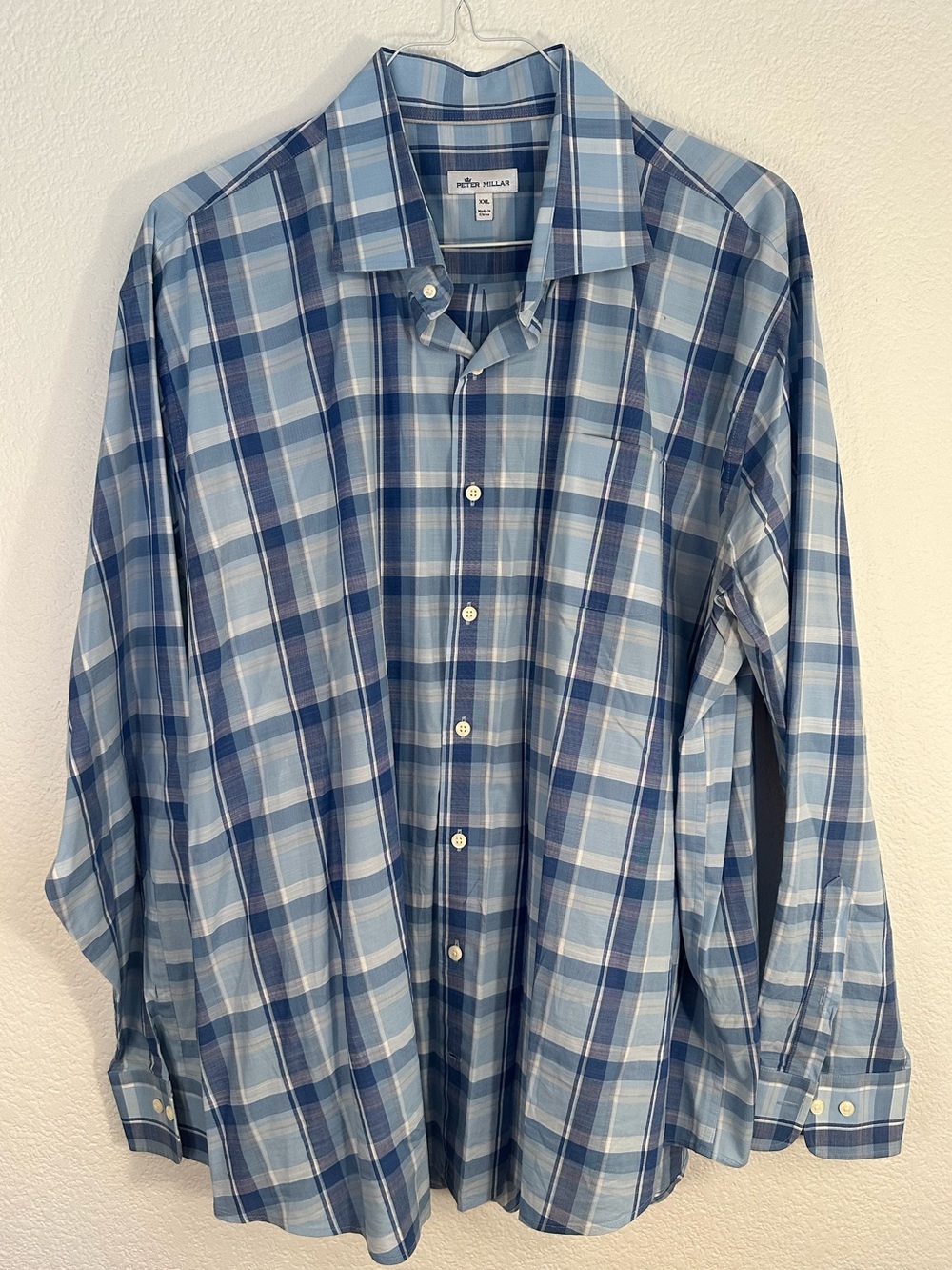 Peter Millar Button Down Shirt Men’s XXL Blue Plaid Long Sleeve Cotton Blend